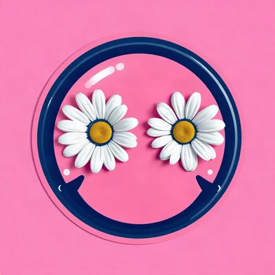 preppy pfp — smiley face with daisy eyes, bright pink and navy, glossy sticker finish