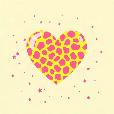 preppy pfp — pink leopard print heart, sunny yellow and pink, tiny stars scattered