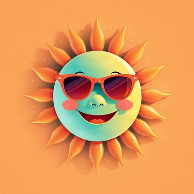 preppy pfp — smiling sun with sunglasses, aqua and coral, tiny stars scattered