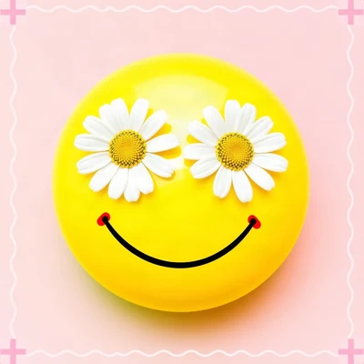 preppy pfp — smiley face with daisy eyes, hot pink and lime green, wavy checker border hint