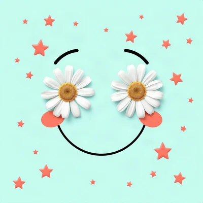 preppy pfp — smiley face with daisy eyes, aqua and coral, tiny stars scattered