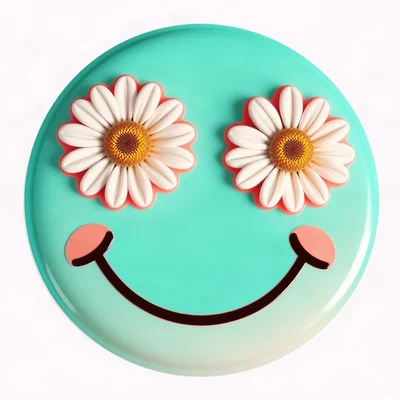 preppy pfp — smiley face with daisy eyes, aqua and coral, glossy sticker finish
