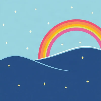 preppy pfp — rainbow over waves, sunny yellow and pink, tiny stars scattered