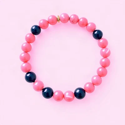 preppy pfp — beaded bracelet circle, bright pink and navy, glossy sticker finish