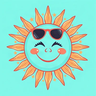 preppy pfp — smiling sun with sunglasses, aqua and coral, tiny stars scattered