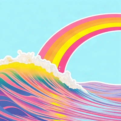 preppy pfp — rainbow over waves, sunny yellow and pink, glossy sticker finish