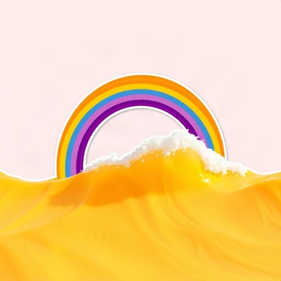 preppy pfp — rainbow over waves, sunny yellow and pink, glossy sticker finish