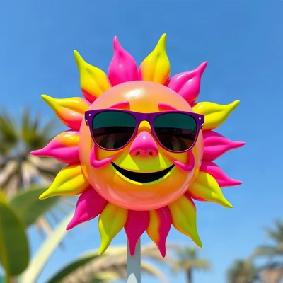 preppy pfp — smiling sun with sunglasses, hot pink and lime green, glossy sticker finish
