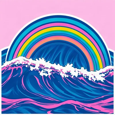 preppy pfp — rainbow over waves, bright pink and navy, glossy sticker finish