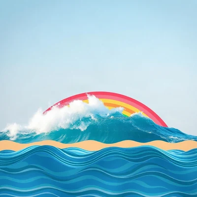 preppy pfp — rainbow over waves, sunny yellow and pink, wavy checker border hint