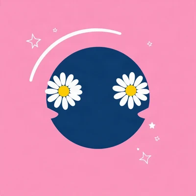 preppy pfp — smiley face with daisy eyes, bright pink and navy, tiny stars scattered