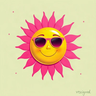 preppy pfp — smiling sun with sunglasses, hot pink and lime green, tiny stars scattered