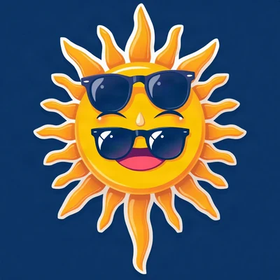 preppy pfp — smiling sun with sunglasses, bright pink and navy, glossy sticker finish