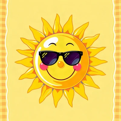 preppy pfp — smiling sun with sunglasses, sunny yellow and pink, wavy checker border hint