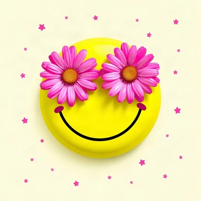 preppy pfp — smiley face with daisy eyes, hot pink and lime green, tiny stars scattered