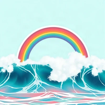 preppy pfp — rainbow over waves, aqua and coral, glossy sticker finish