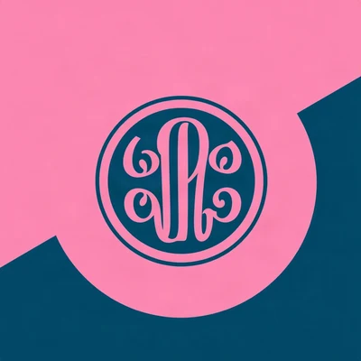 preppy pfp — preppy monogram-style circle badge, bright pink and navy, tiny stars scattered