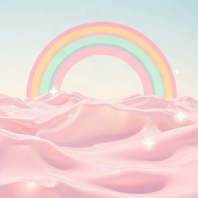 preppy pfp — rainbow over waves, sunny yellow and pink, tiny stars scattered