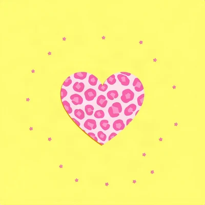 preppy pfp — pink leopard print heart, sunny yellow and pink, tiny stars scattered