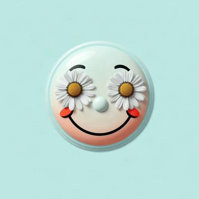 preppy pfp — smiley face with daisy eyes, aqua and coral, glossy sticker finish