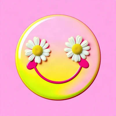 preppy pfp — smiley face with daisy eyes, hot pink and lime green, glossy sticker finish