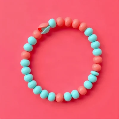 preppy pfp — beaded bracelet circle, aqua and coral, wavy checker border hint