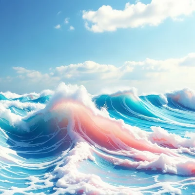 preppy pfp — rainbow over waves, aqua and coral, glossy sticker finish