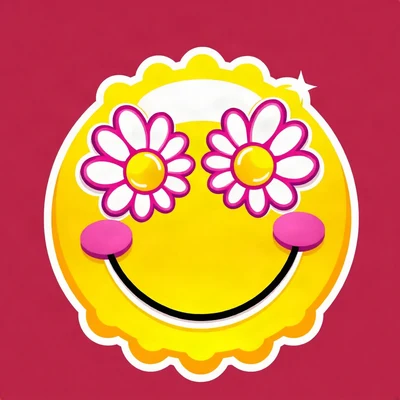 preppy pfp — smiley face with daisy eyes, sunny yellow and pink, glossy sticker finish