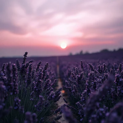 purple pfp — lavender field at dusk, dreamy digital painting, soft glow