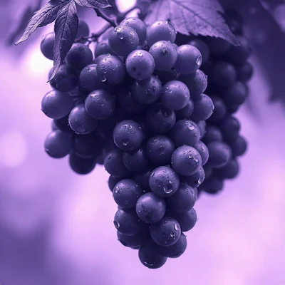 purple pfp — grapes with dew, dreamy digital painting, misty atmosphere