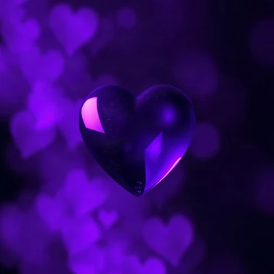 purple pfp — glossy heart, cinematic photo style, gentle bokeh