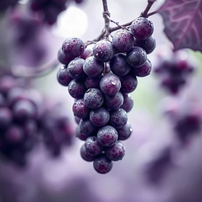 purple pfp — grapes with dew, dreamy digital painting, gentle bokeh