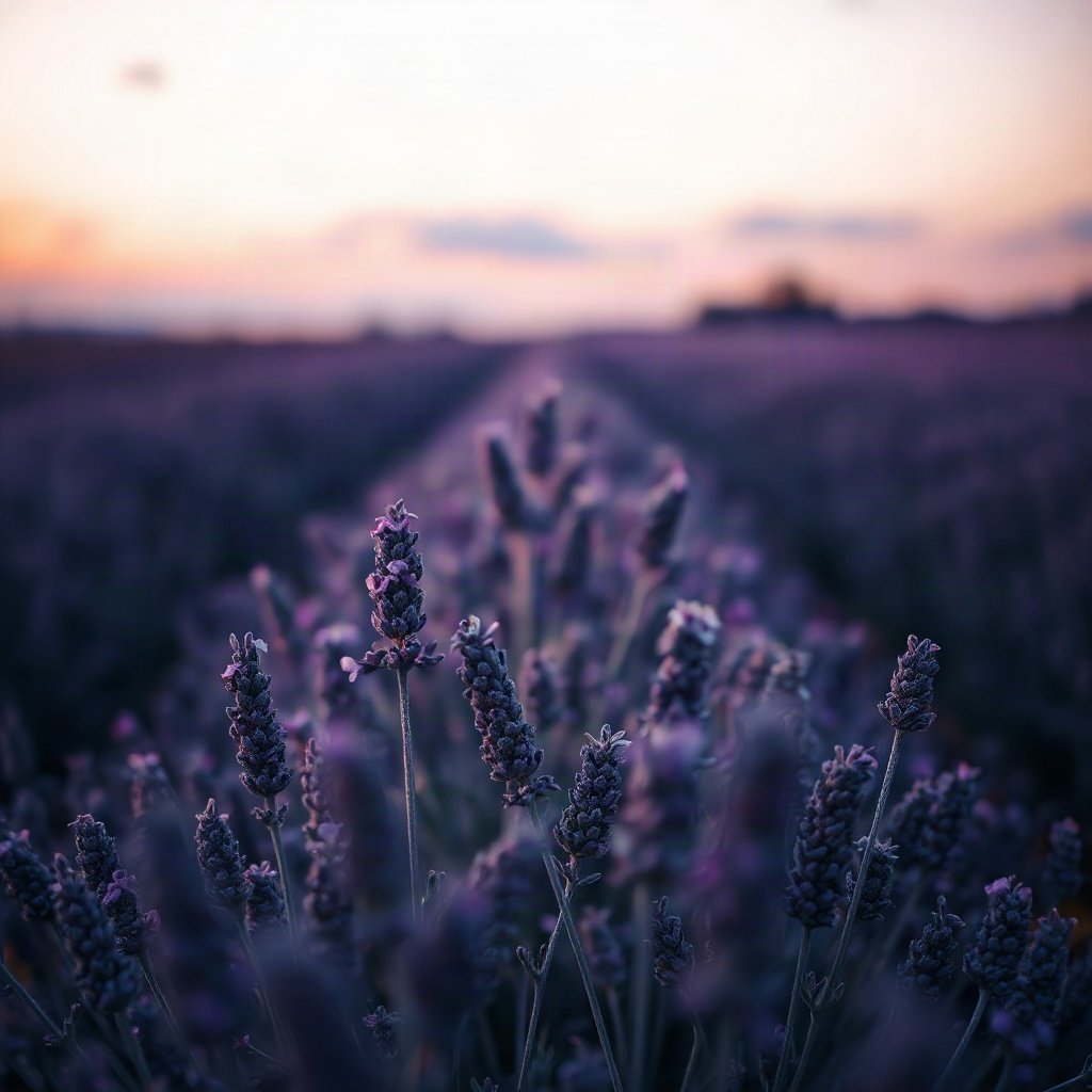 Purple PFPs — lavender field at dusk, soft 3d render, gentle bokeh