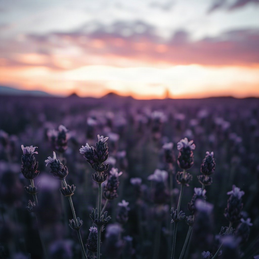 Purple PFPs — lavender field at dusk, cinematic photo style, subtle sparkle