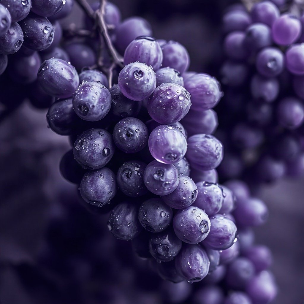 Purple PFPs — grapes with dew, cinematic photo style, misty atmosphere