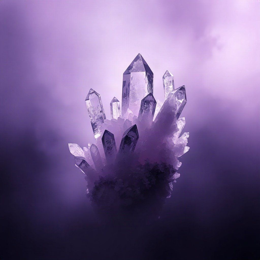 Purple PFPs — crystal cluster, cinematic photo style, misty atmosphere