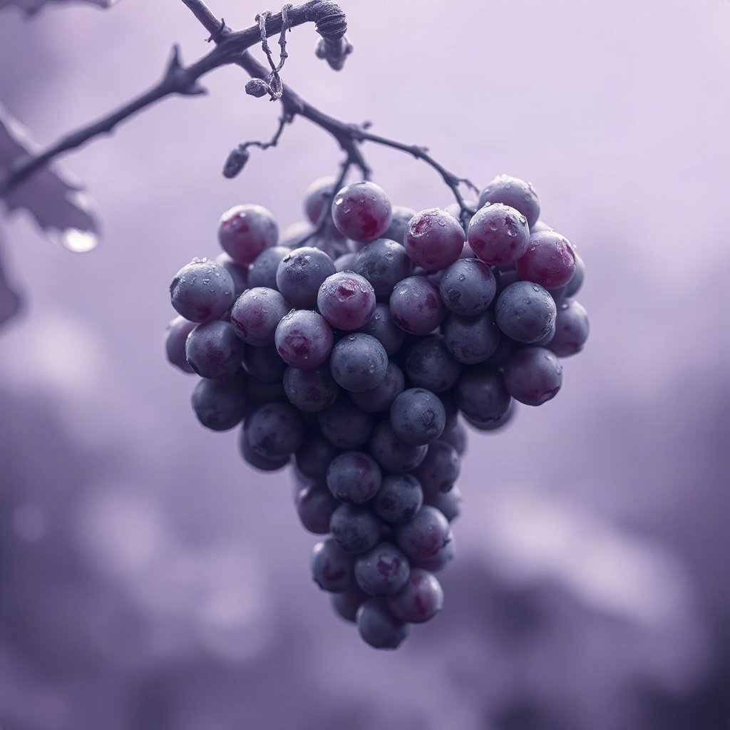 Purple PFPs — grapes with dew, dreamy digital painting, misty atmosphere
