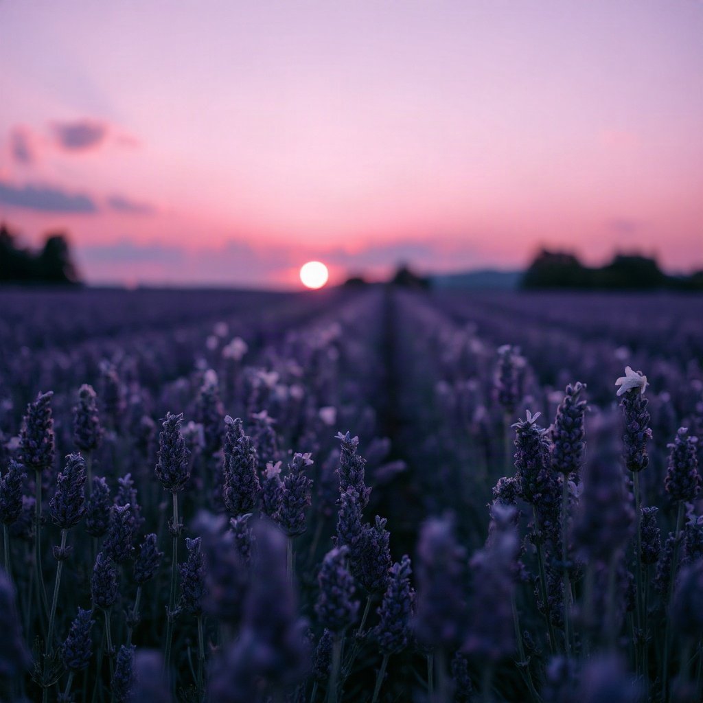 Purple PFPs — lavender field at dusk, dreamy digital painting, soft glow