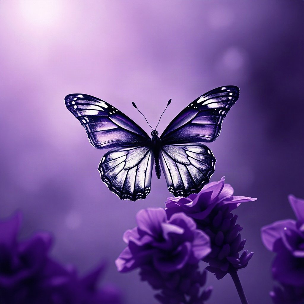 Purple PFPs — butterfly, cinematic photo style, misty atmosphere
