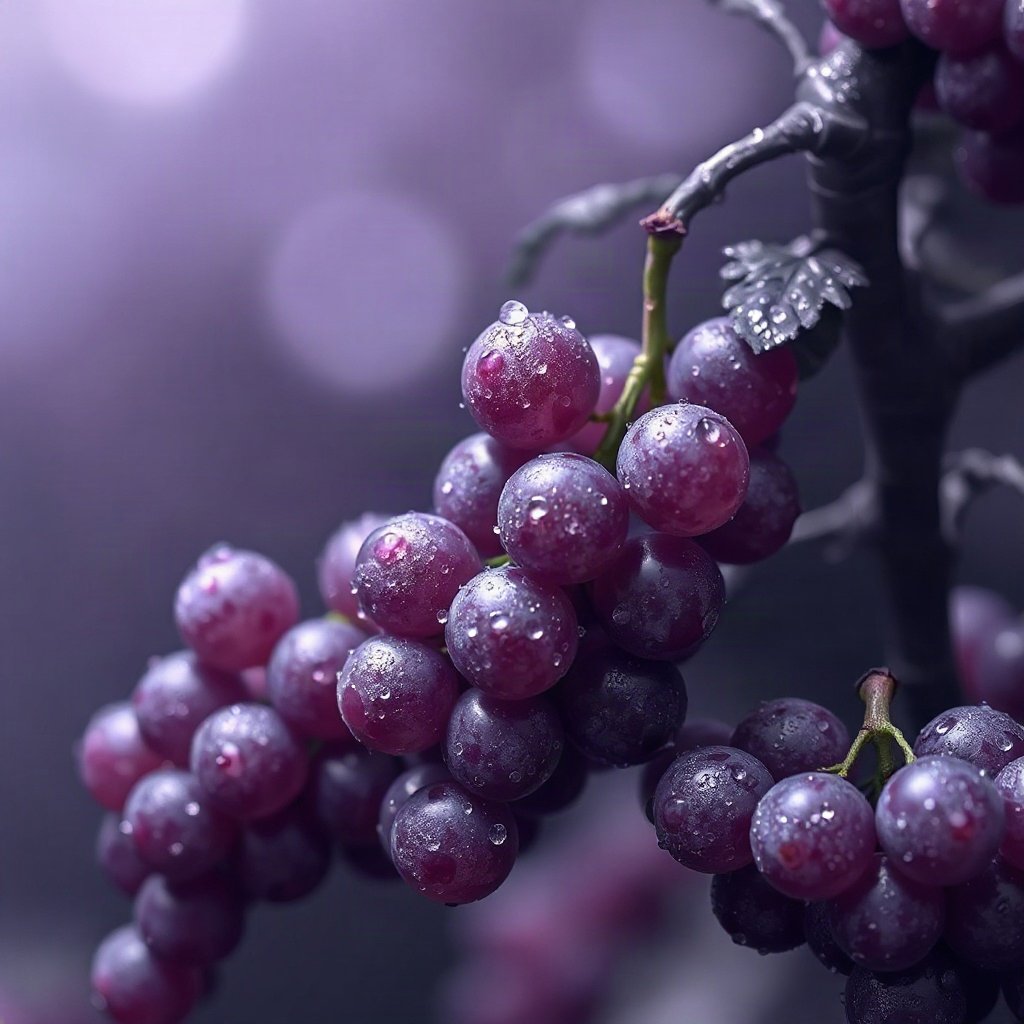 Purple PFPs — grapes with dew, soft 3d render, misty atmosphere