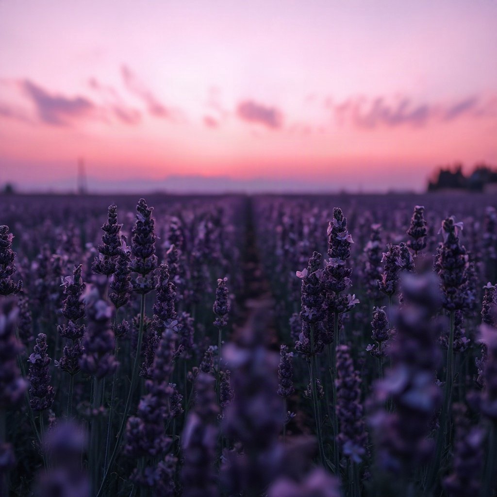 Purple PFPs — lavender field at dusk, dreamy digital painting, subtle sparkle