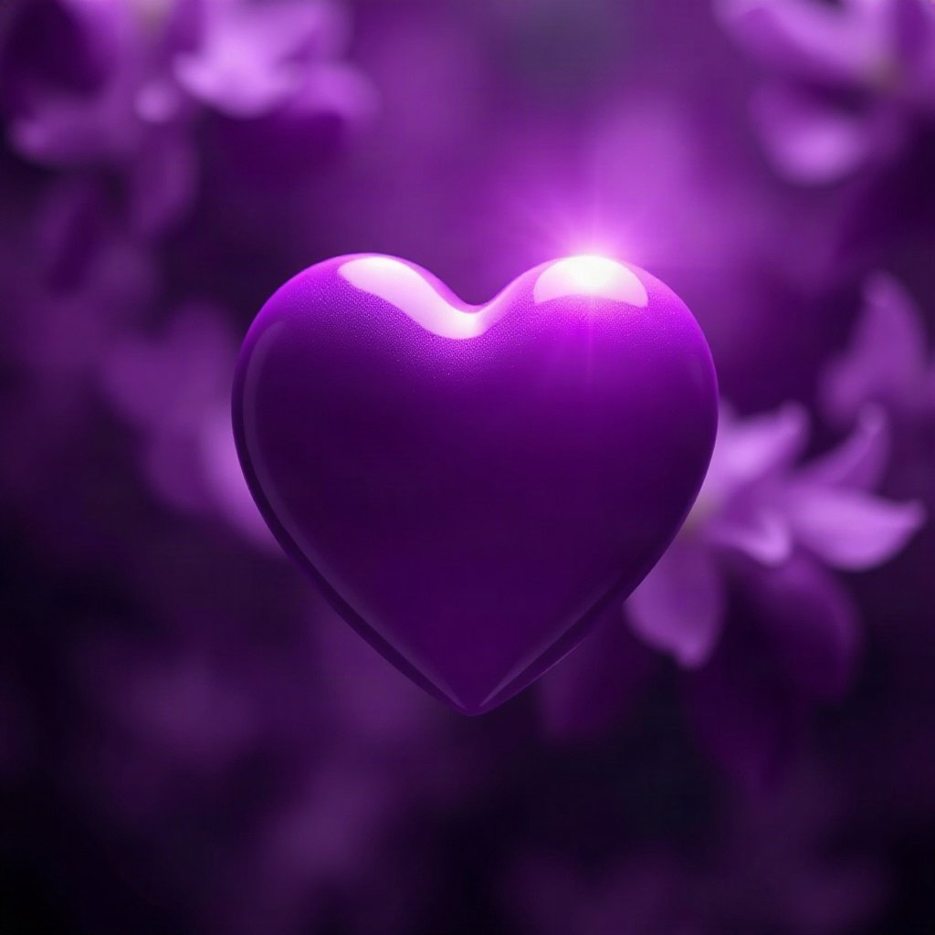 Purple PFPs — glossy heart, cinematic photo style, gentle bokeh
