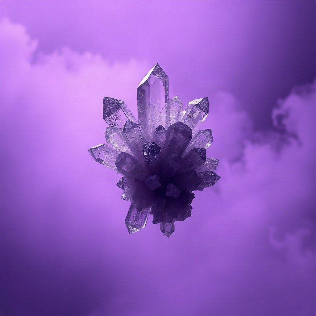 Purple PFPs — crystal cluster, cinematic photo style, misty atmosphere