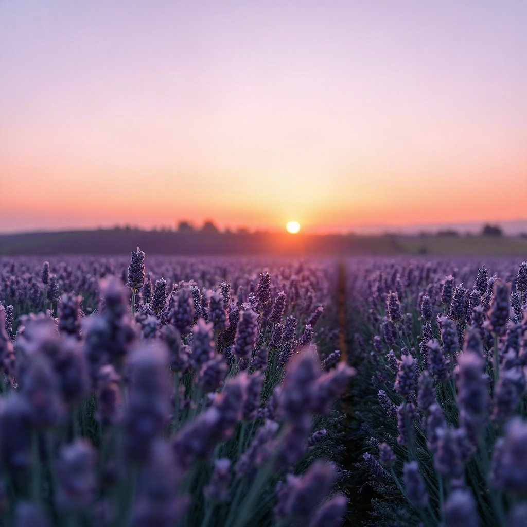 Purple PFPs — lavender field at dusk, soft 3d render, soft glow