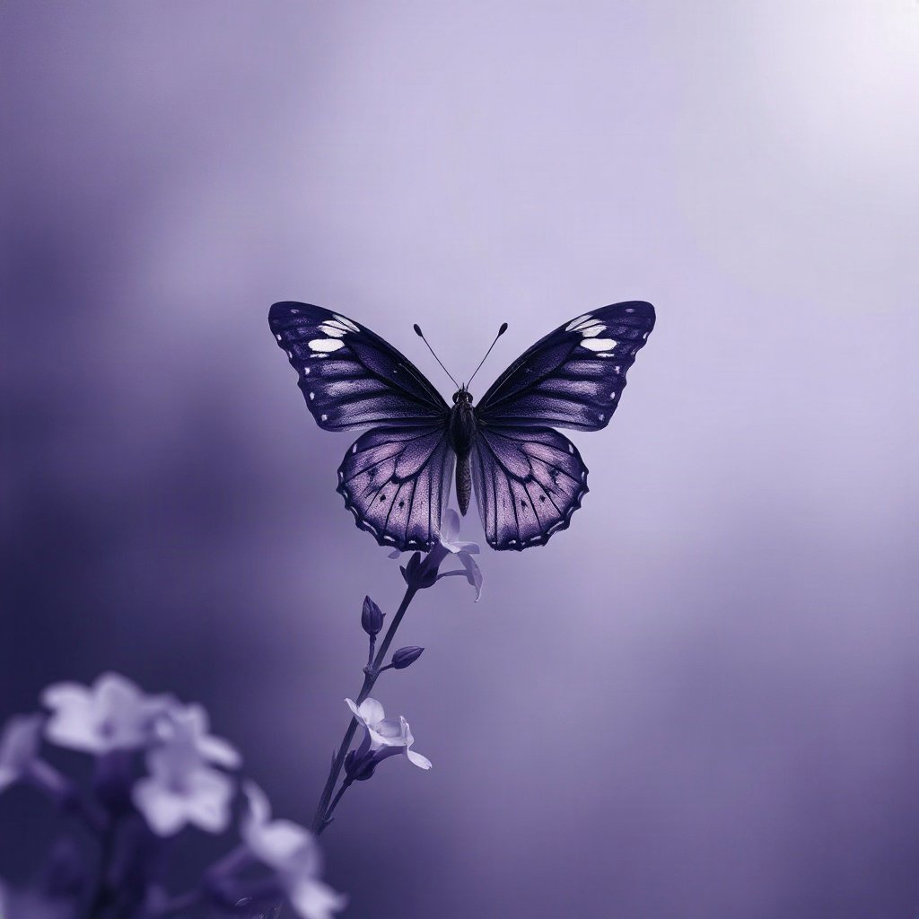Purple PFPs — butterfly, cinematic photo style, misty atmosphere
