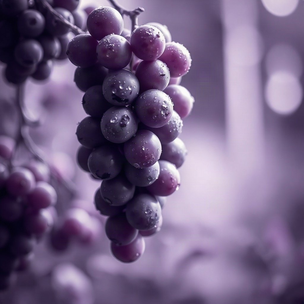 Purple PFPs — grapes with dew, dreamy digital painting, gentle bokeh