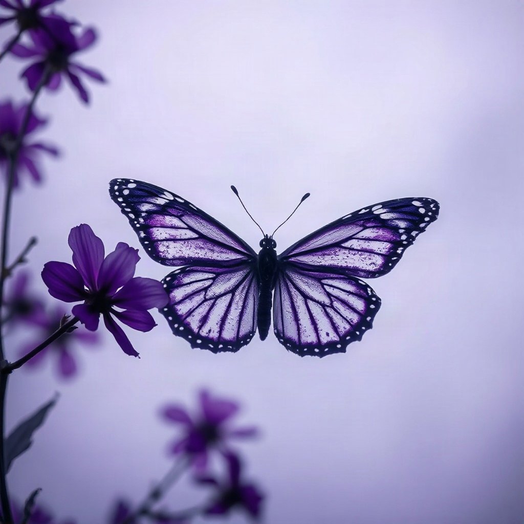 Purple PFPs — butterfly, cinematic photo style, misty atmosphere