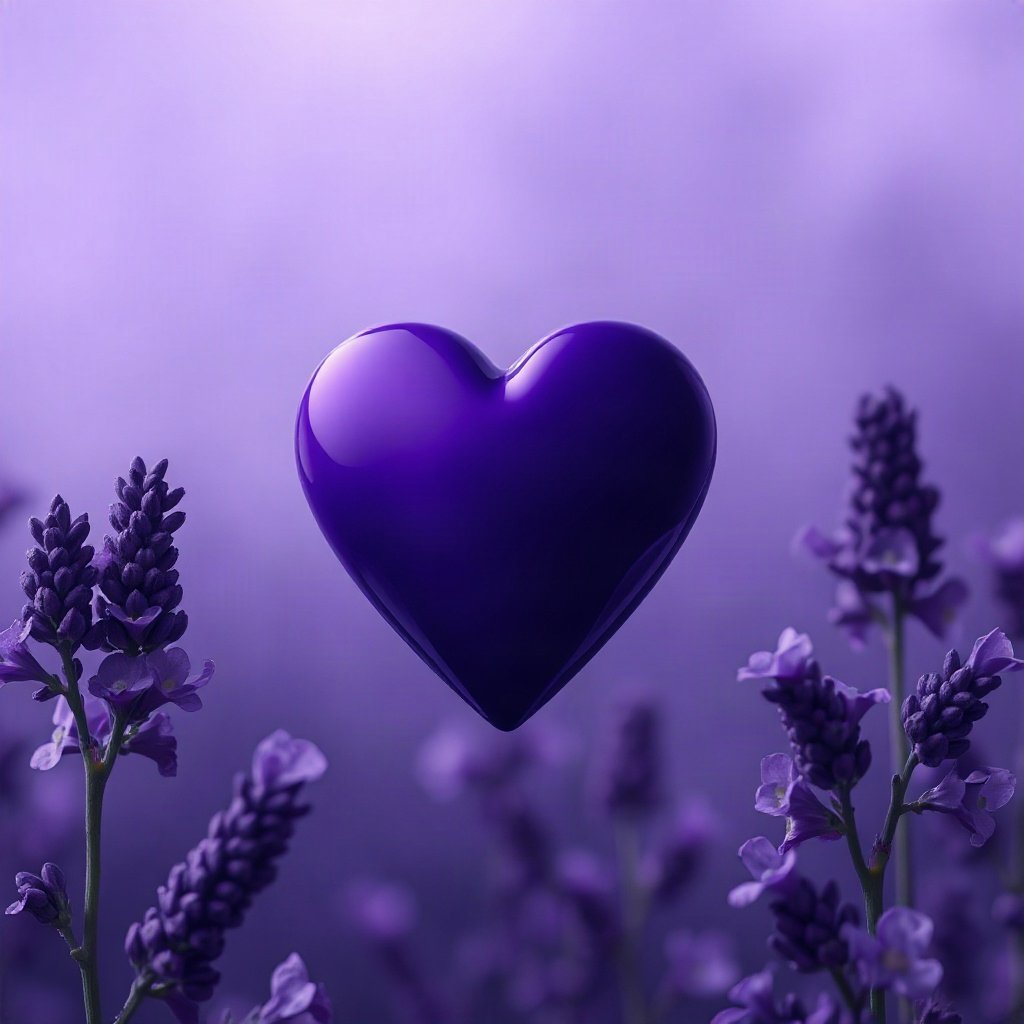 Purple PFPs — glossy heart, cinematic photo style, misty atmosphere