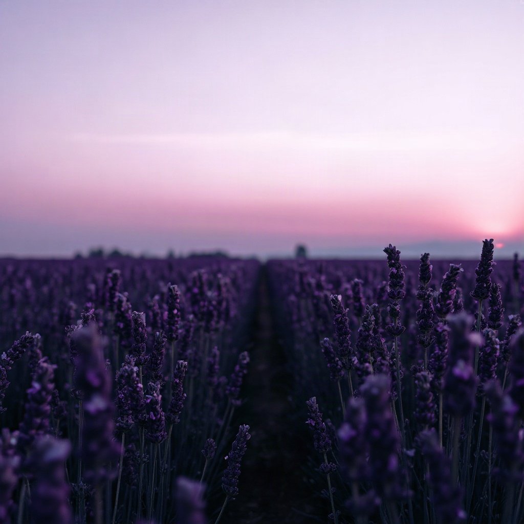 Purple PFPs — lavender field at dusk, cinematic photo style, subtle sparkle