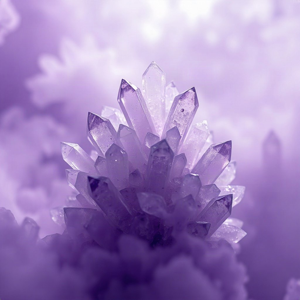 Purple PFPs — crystal cluster, cinematic photo style, misty atmosphere